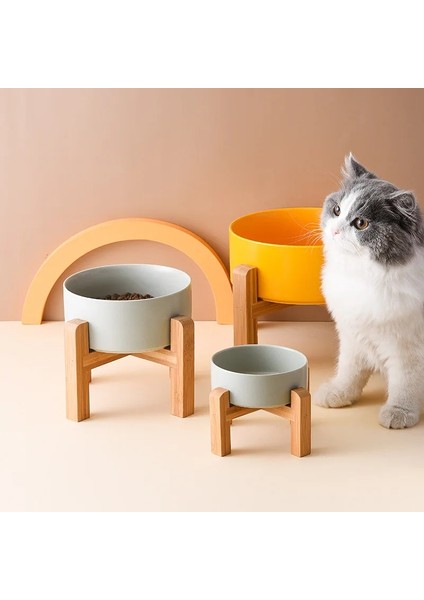 Sarı S (300ML) Seramik Köpek Kedi Maması Kasesi Yüksek Bambu Ahşap Çerçeveli Servikal Omurgayı Korumak Için Su Içme Besleyici Anti-Vuruntu (Yurt Dışından) modelleri