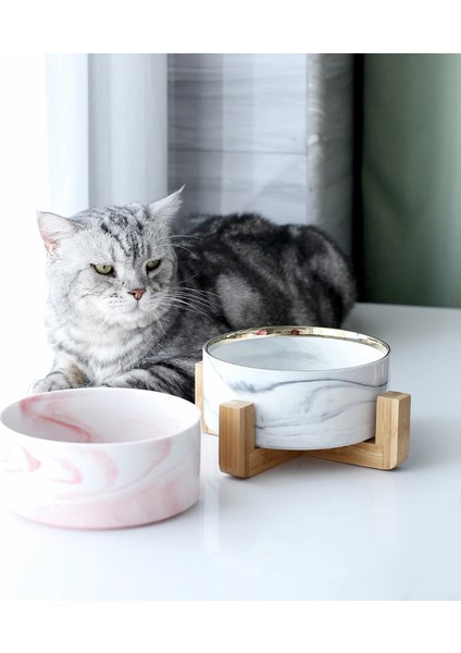 Pembe x Ahşap Stand S - 400ML Mermer Seramik Köpek Kasesi Ahşap Standlı Kedi Maması ve Su Kaseleri Büyük Düz Yüzlü Kediler Için Ağır Evcil Hayvan Besleyici Yavru Köpekler (Yurt Dışından) fiyatları