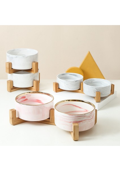 Pembe Mermer S - 400ML Mermer Seramik Köpek Kasesi Kedi Maması ve Su Kaseleri Ahşap Standlı Büyük Düz Yüzlü Kediler Yavru Köpekler Için Ağır Evcil Hayvan Besleyici (Yurt Dışından) modelleri