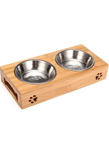 Çift Kase Pet Kedi Kase Ayı Bambu Plaka Çift Kase Doğal Dayanıklı Güvenlik Ahşap Paslanmaz Çelik Kedi Köpek Yardımcı Çift Kase (Yurt Dışından)