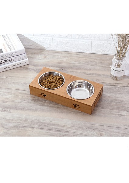 Gümüş Iki S Pet Köpek Kedi Kase Seramik Kase Bambu Ahşap Masa Bir Yavru Kedi Kaymaya Dayanıklı Çift Kase Küçük Köpek Maması Kase (Yurt Dışından)