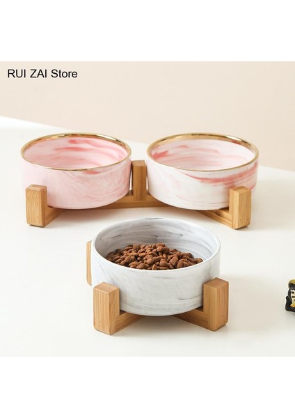 Beyaz Pembe Altın M - 850ML Büyük Düz Yüzlü Kediler Yavru Köpekler Için Evcil Hayvan Besleyici Mermer Seramik Köpek Kasesi Ahşap Standlı Kedi Maması ve Su Kaseleri Tabak Ağır Ağırlık (Yurt Dışından)