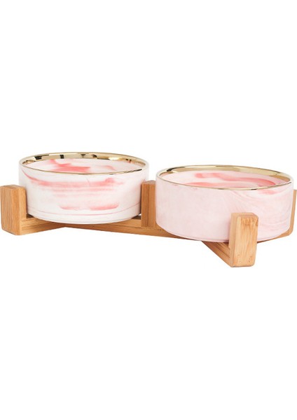 Çift Pembe Altın L - 850ML Mermer Seramik Köpek Kasesi Kedi Maması ve Ahşap Standlı Su Kaseleri Büyük Düz Yüzlü Kediler Yavru Köpekler Için Ağır Evcil Hayvan Besleyici (Yurt Dışından)