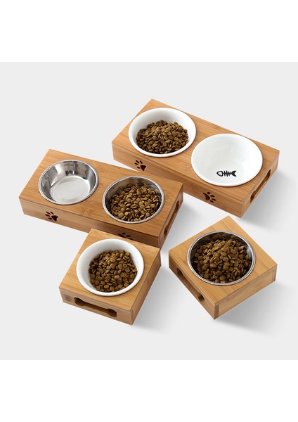 Seramik Bir M Pet Köpek Kedi Kase Seramik Kase Bambu Ahşap Masa Bir Yavru Kedi Kaymaya Dayanıklı Çift Kase Küçük Köpek Maması Kase (Yurt Dışından)