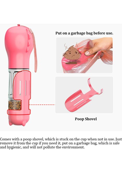 Pembe Yiyecek Kutusu ile 300 ml 4 In 1 Taşınabilir Kedi Köpek Su Şişesi Mama Besleyici Tiryakisi Kaka Dağıtıcı Açık Pet Suluk Seyahat Şişe Köpek Aksesuarları Temini (Yurt Dışından) indirimleri