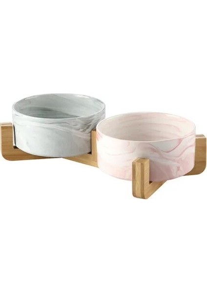 Beyaz Pembe Set M - 850ML Büyük Düz Yüzlü Kediler Yavru Köpekler Için Evcil Hayvan Besleyici Mermer Seramik Köpek Kasesi Ahşap Standlı Kedi Maması ve Su Kasesi Tabağı Ağır Ağırlık (Yurt Dışından)