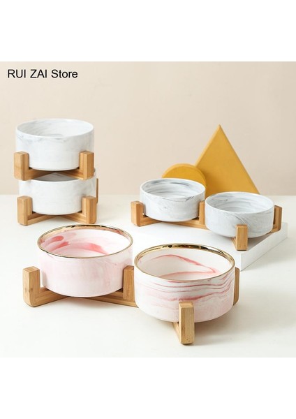 Beyaz Pembe Set M - 850ML Büyük Düz Yüzlü Kediler Yavru Köpekler Için Evcil Hayvan Besleyici Mermer Seramik Köpek Kasesi Ahşap Standlı Kedi Maması ve Su Kasesi Tabağı Ağır Ağırlık (Yurt Dışından) fiyatları