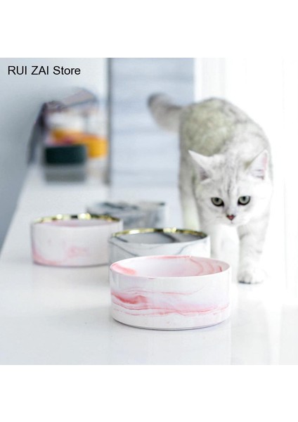 Beyaz Pembe Set M - 850ML Büyük Düz Yüzlü Kediler Yavru Köpekler Için Evcil Hayvan Besleyici Mermer Seramik Köpek Kasesi Ahşap Standlı Kedi Maması ve Su Kasesi Tabağı Ağır Ağırlık (Yurt Dışından) modelleri