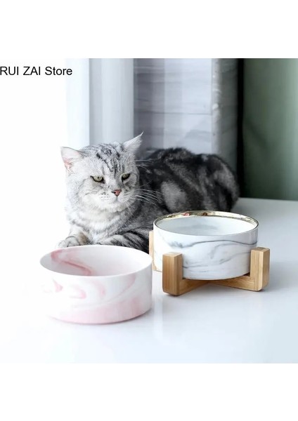 Beyaz Pembe Set M - 850ML Büyük Düz Yüzlü Kediler Yavru Köpekler Için Evcil Hayvan Besleyici Mermer Seramik Köpek Kasesi Ahşap Standlı Kedi Maması ve Su Kasesi Tabağı Ağır Ağırlık (Yurt Dışından) fırsatları