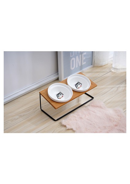 Resim Olarak S Sevimli Kedi Kase High-End Hayvan Mama Kabı Bambu Raf Seramik Köpekler ve Kediler Için Besleme ve Içme Kaseleri Evcil Hayvan Besleyici Köpek Çift Kaseler (Yurt Dışından)