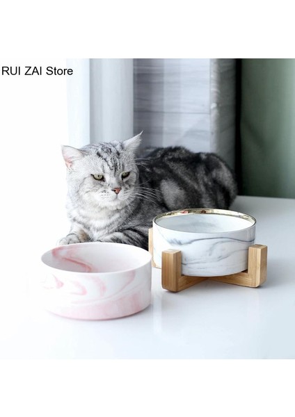 Beyaz x Altın x Stand S - 400ML Büyük Düz Yüzlü Kediler Için Evcil Hayvan Besleyici Yavru Köpekler Mermer Seramik Köpek Kasesi Ahşap Standlı Kedi Maması ve Su Kaseleri Ağır Ağırlık (Yurt Dışından) modelleri