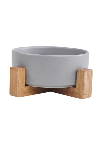 Ahşap Standlı Tek Gri S Yuvarlak Köpek Kedi Kasesi, Evcil Hayvan Için Dayanıklı Seramik Mama Suyu Yükseltilmiş Tabak, Modern Sevimli Ağırlıklı Mama Su Seti, (Yurt Dışından)