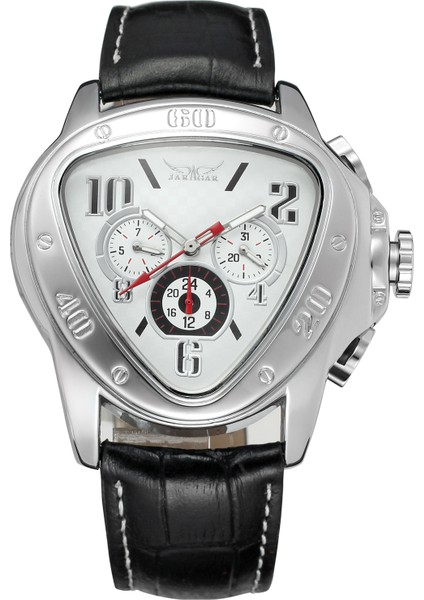 Siyah Jaragar Erkek ve Kadın Saatleri Gündelik Moda Üç Göz Altı El Mekanik Saat Gün Tarihi Kemer Saat Üçgen Saat (Yurt Dışından) fırsatları