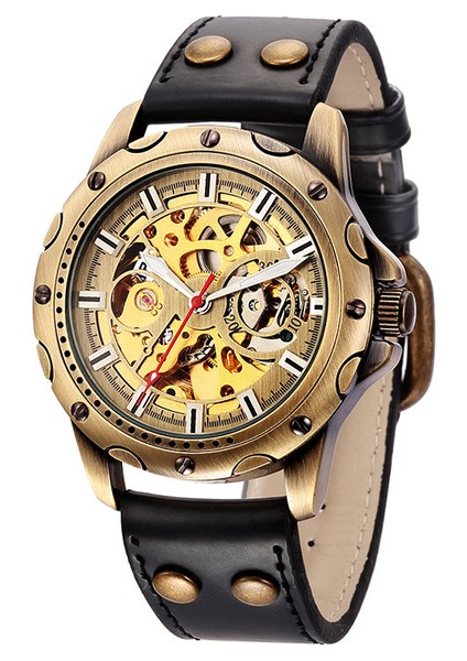 Siyah Bant Retro Bronz Mekanik Izle Erkekler Otomatik Saatler Spor Lüks Üst Marka Deri Izle Relogio Masculino Erkek Saat (Yurt Dışından)