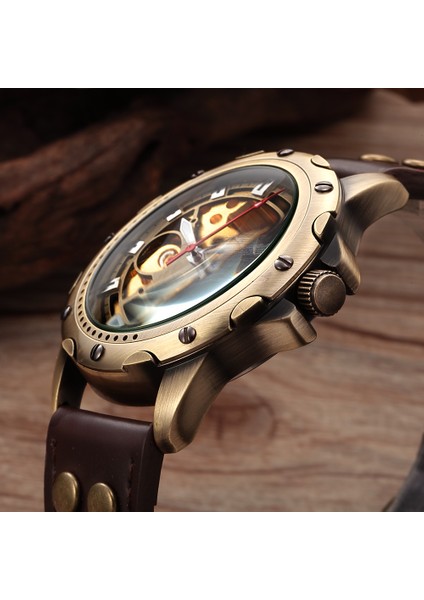 Siyah Bant Retro Bronz Mekanik Izle Erkekler Otomatik Saatler Spor Lüks Üst Marka Deri Izle Relogio Masculino Erkek Saat (Yurt Dışından)