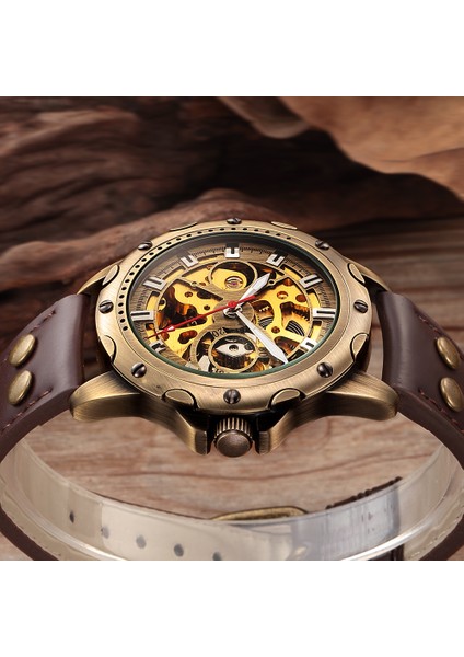 Siyah Bant Retro Bronz Mekanik Izle Erkekler Otomatik Saatler Spor Lüks Üst Marka Deri Izle Relogio Masculino Erkek Saat (Yurt Dışından)