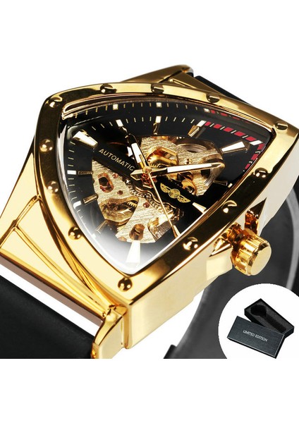 Kutu Altın Sıyah Kazanan Askeri Üçgen Otomatik Izle Erkekler Için Mekanik Saatler Aydınlık Moda Lüks Kauçuk Kayış Spor Saat (Yurt Dışından)