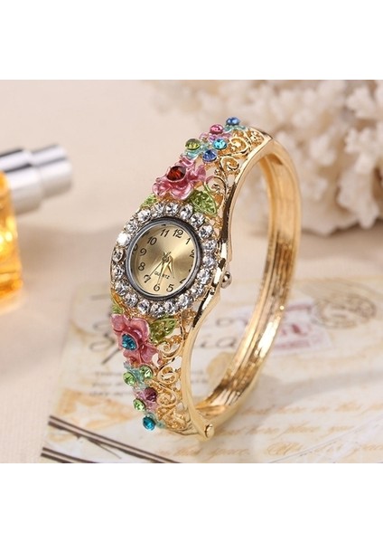 Pembe Yeni Altın Lüks Bilezik Izle Bayan Çiçek Tasarım Alaşım Bant Zarif Kadın Kol Saati Kristal Kadın Elbisesi Izle Reloj Mujer (Yurt Dışından)