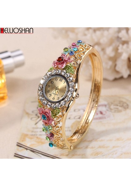 Pembe Yeni Altın Lüks Bilezik Izle Bayan Çiçek Tasarım Alaşım Bant Zarif Kadın Kol Saati Kristal Kadın Elbisesi Izle Reloj Mujer (Yurt Dışından)