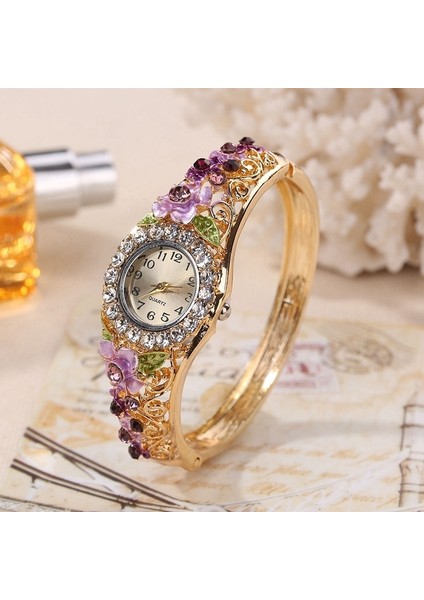 Pembe Yeni Altın Lüks Bilezik Izle Bayan Çiçek Tasarım Alaşım Bant Zarif Kadın Kol Saati Kristal Kadın Elbisesi Izle Reloj Mujer (Yurt Dışından)