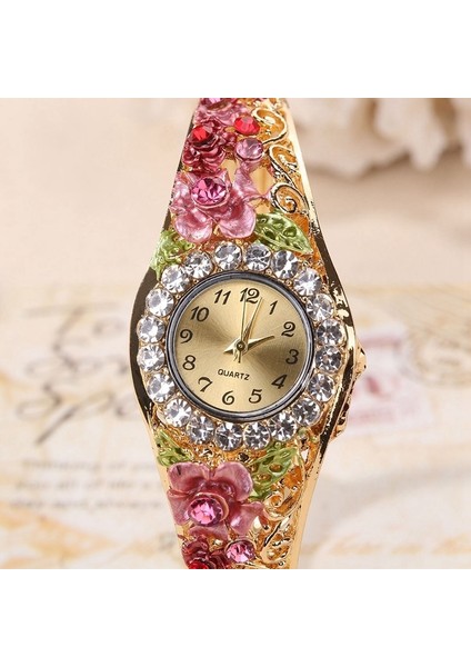 Pembe Yeni Altın Lüks Bilezik Izle Bayan Çiçek Tasarım Alaşım Bant Zarif Kadın Kol Saati Kristal Kadın Elbisesi Izle Reloj Mujer (Yurt Dışından)