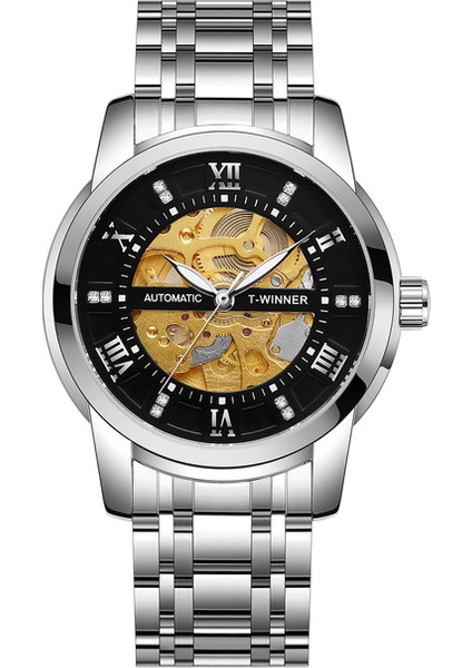 Gümüş Siyah Kazanan Spor Mekanik Tasarım Erkek Saatler Lüks Retro Tarzı Elmas Paslanmaz Çelik Bilezik Otomatik Kol Saatleri (Yurt Dışından)