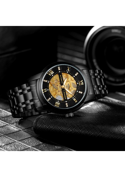Gümüş Siyah Kazanan Spor Mekanik Tasarım Erkek Saatler Lüks Retro Tarzı Elmas Paslanmaz Çelik Bilezik Otomatik Kol Saatleri (Yurt Dışından) modelleri