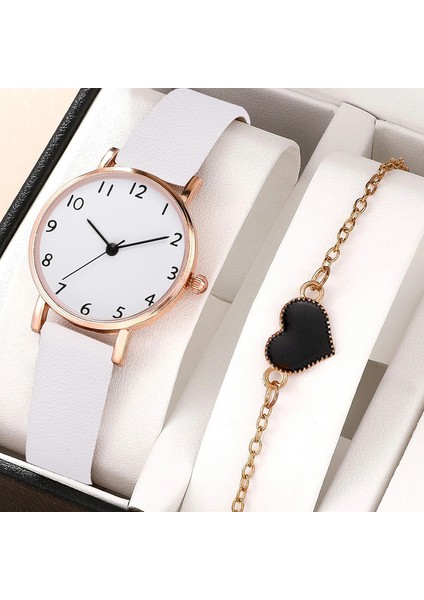 Beyaz 3 2 Adet Kadın Bilezik Saat Seti Güzel Pembe Deri Bant Quartz Saat Kadınlar Için Bayanlar Gündelik Elbise Saat Kol Saati Reloj Mujer (Yurt Dışından)