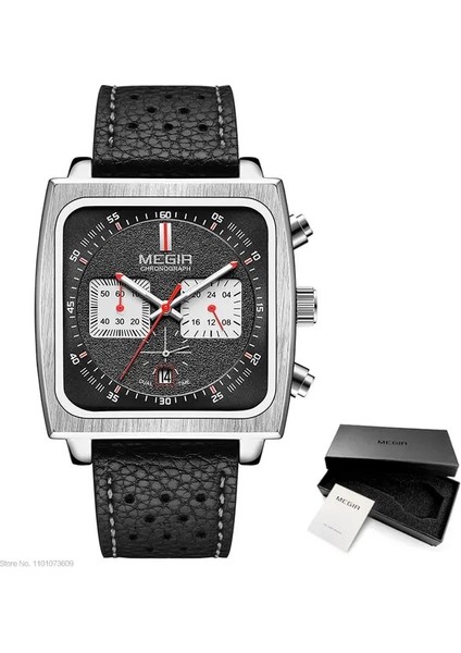 Gümüş Kara Kutu Megır Erkekler Için Günlük Kuvars Saatler Deri Kayış Su Geçirmez Aydınlık Kronograf Kol Saati, Tarih 24 Saat Göstergesi Gümüş (Yurt Dışından)