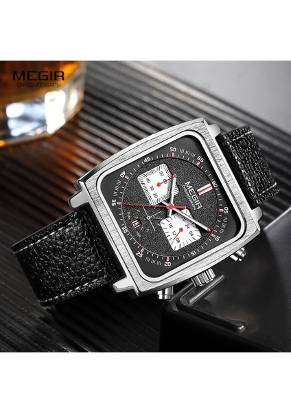 Gümüş Kara Kutu Megır Erkekler Için Günlük Kuvars Saatler Deri Kayış Su Geçirmez Aydınlık Kronograf Kol Saati, Tarih 24 Saat Göstergesi Gümüş (Yurt Dışından) fiyatları
