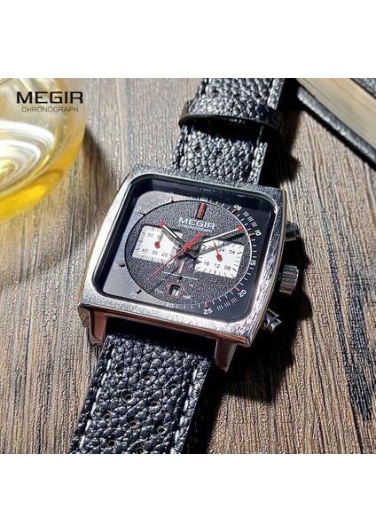 Gümüş Kara Kutu Megır Erkekler Için Günlük Kuvars Saatler Deri Kayış Su Geçirmez Aydınlık Kronograf Kol Saati, Tarih 24 Saat Göstergesi Gümüş (Yurt Dışından) modelleri