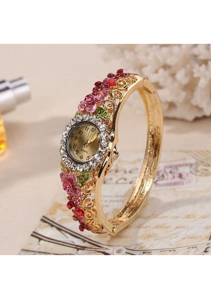 Kırmızı 2022 Yeni Altın Lüks Bilezik Izle Çiçek Tasarım Alaşım Bant Zarif Kadın Kol Saati Kristal Kadın Elbisesi Izle Reloj Mujer (Yurt Dışından)