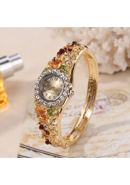 Kırmızı 2022 Yeni Altın Lüks Bilezik Izle Çiçek Tasarım Alaşım Bant Zarif Kadın Kol Saati Kristal Kadın Elbisesi Izle Reloj Mujer (Yurt Dışından) fırsatları