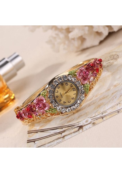 Kırmızı 2022 Yeni Altın Lüks Bilezik Izle Çiçek Tasarım Alaşım Bant Zarif Kadın Kol Saati Kristal Kadın Elbisesi Izle Reloj Mujer (Yurt Dışından) indirimleri