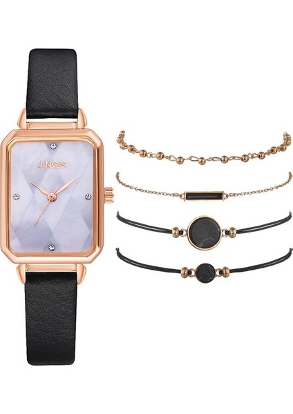 5 Adet Set Beyaz 5 Adet Set Moda Izle Kadınlar Için Kare Deri Bayanlar Bilezik Saatler Kuvars Kol Saati Kadın Siyah Saat Reloj Dropshipping (Yurt Dışından)