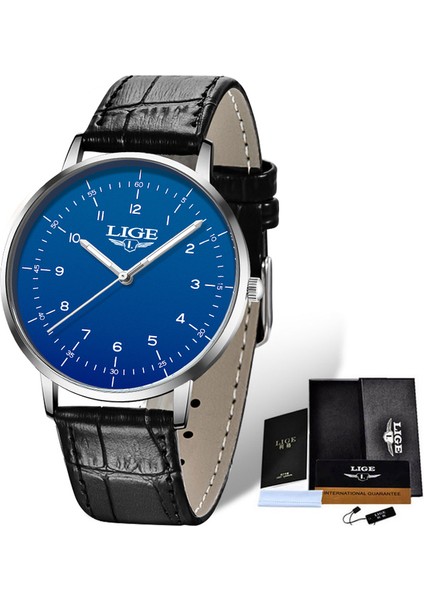 Lt Gümüş Mavi Lıge Moda Erkekler Izle 30 M Su Geçirmez Basit Iş Erkekler Için Izle Aydınlık Eller Kuvars Deri Kol Saati Montre Homme (Yurt Dışından)