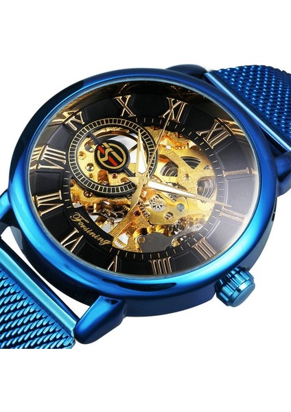 Mavi Sıyah Forsınıng Erkekler Için Izle Mekanik Saatler Mavi Ultra Ince Örgü Kayış Moda Rahat Kol Saati Aydınlık Eller Saat (Yurt Dışından)