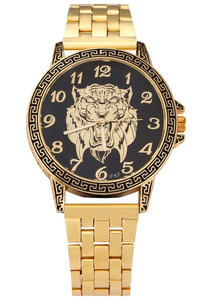 Kaplan-Paslanmaz Çelik Büyük Boy Lüks Iş Retro Erkek Klasik Paslanmaz Çelik Altın Erkek Saat Moda Günlük Spor Kuvars Erkek Saat Relojes (Yurt Dışından)