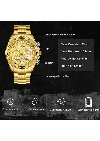 Gg Box Navıforce Moda Saatler Erkekler Için Lüks Orijinal Klasik Kuvars Saat Analog Kronograf Spor Su Geçirmez Çelik Bant Kol Saati (Yurt Dışından)