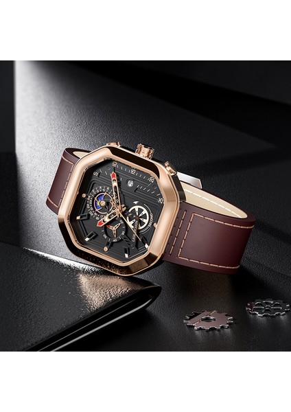 Gümüş Siyah Lıge Saat Chronograph Spor Saat Erkekler Için Moda Kare Üst Marka Lüks Deri Su Geçirmez Kuvars Saatler Relogios Masculino (Yurt Dışından)