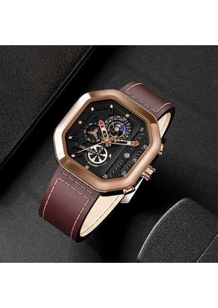 Gümüş Siyah Lıge Saat Chronograph Spor Saat Erkekler Için Moda Kare Üst Marka Lüks Deri Su Geçirmez Kuvars Saatler Relogios Masculino (Yurt Dışından)