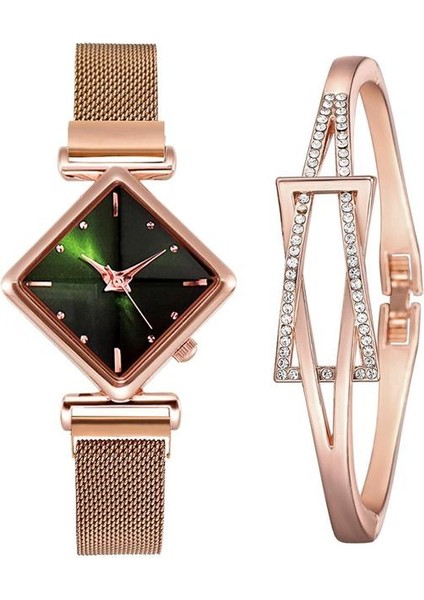 Yeşil Set Kadın Manyetik Bilezik Saatler Set Kadın Lüks Kare Bilezik Kuvars Saatı Bayanlar Elbise Saat Relogio Feminino (Yurt Dışından)