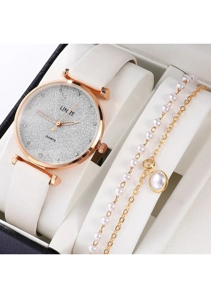 Beyaz 2 2 Adet Kadın Bilezik Saat Seti Güzel Pembe Deri Band Kuvars Izle Kadınlar Bayanlar Için Günlük Elbise Saat Kol Saati Reloj Mujer (Yurt Dışından)
