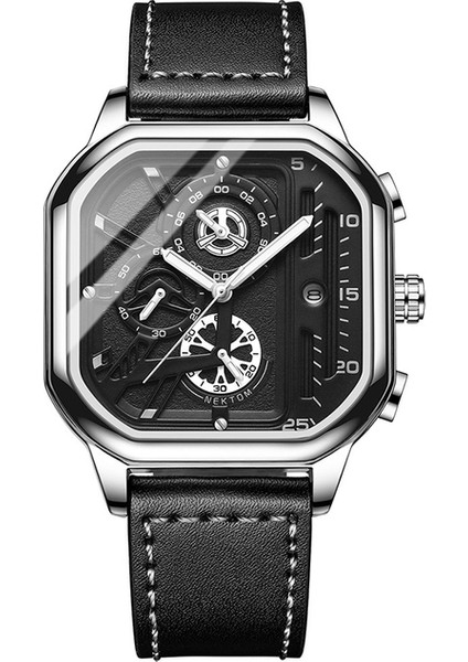 Gümüş Siyah Kare Chronograph 2023 Rahat Moda Spor Kol Saati Erkekler Için Deri Saat Lüks Iş Kol Saati Su Geçirmez Tarih Izle (Yurt Dışından)