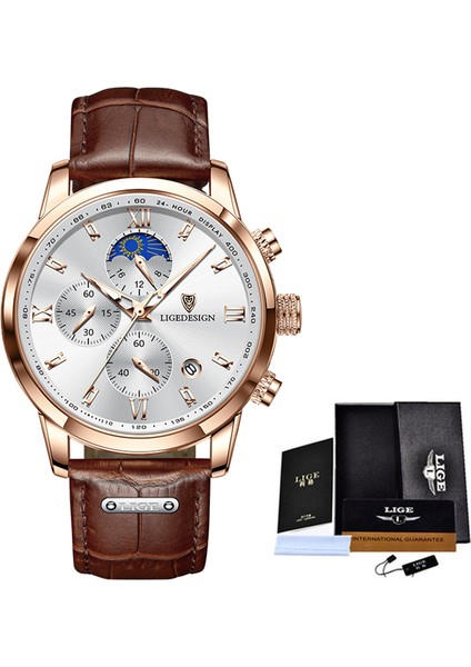 L Gül Altın Beyaz Erkek Saatler Lıge Chronograph Üst Marka Lüks Deri Bilek Izle Erkekler Için Moda Spor Su Geçirmez Kuvars Saat Kronometre Hediye (Yurt Dışından)