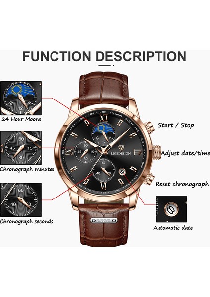 L Gül Altın Beyaz Erkek Saatler Lıge Chronograph Üst Marka Lüks Deri Bilek Izle Erkekler Için Moda Spor Su Geçirmez Kuvars Saat Kronometre Hediye (Yurt Dışından) fırsatları