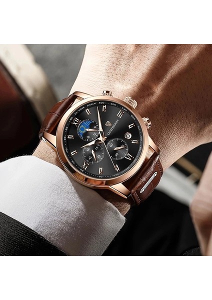 L Gül Altın Beyaz Erkek Saatler Lıge Chronograph Üst Marka Lüks Deri Bilek Izle Erkekler Için Moda Spor Su Geçirmez Kuvars Saat Kronometre Hediye (Yurt Dışından) indirimleri