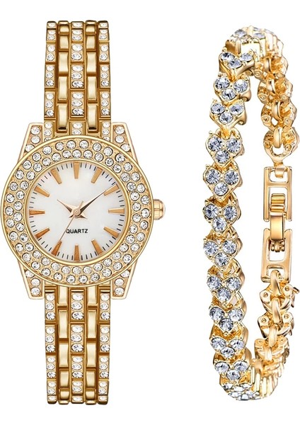 Altın 2 Adet Altın Lüks Taklidi Saatler Set Kadın Taklidi Kuvars Bilezik Saatler Bayanlar Elbise Yeni Kol Saati Saat Relogios (Yurt Dışından) fiyatları