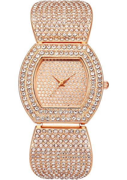 Gül Altın Lüks Tam Elmas Kadın Bilezik Saat Seti Moda Paslanmaz Çelik Şerit Kuvars Saatler Relogio Feminino Montre Femme (Yurt Dışından)