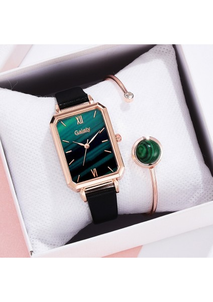 Pembe 2 Adet/takım Moda Yeşil Kare Kadran Deri Kemer Kuvars Saat Bayanlar Kol Saati Kadın Zarif Bilezik Saat Seti Reloj Mujer (Yurt Dışından)